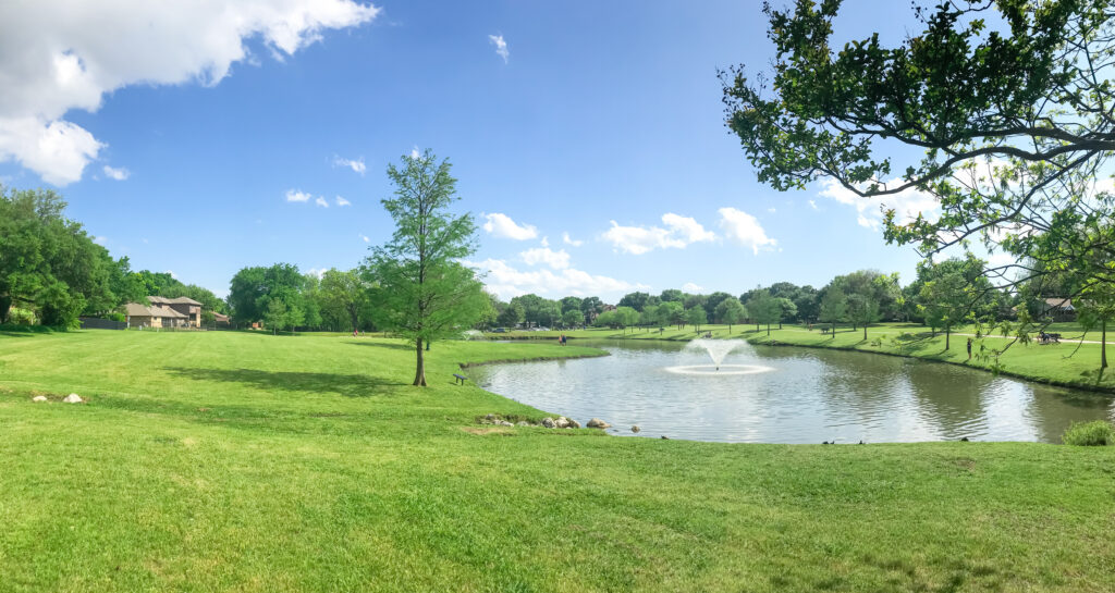 residential pond with fountains